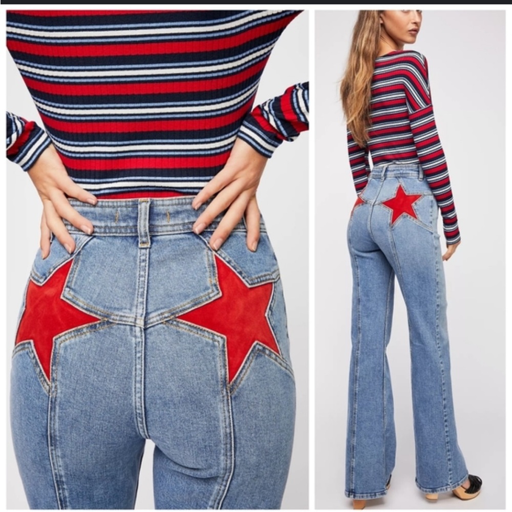 We The Free Firecracker Blue and Red Flare Jeans with Star Accents